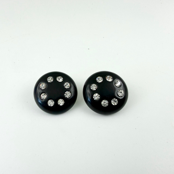 Vintage Black Bakelite Rhinestone Earrings, Art Deco Button Clips, Mid Century - Picture 2 of 4